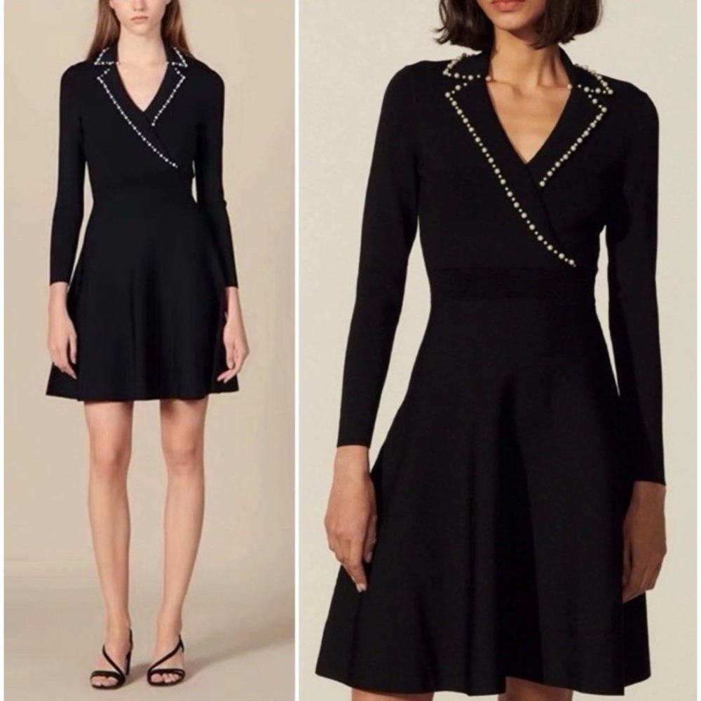 Sandro Paris Suity Black Knit Pearl Collar Flare Dress FR 34 Women's XS